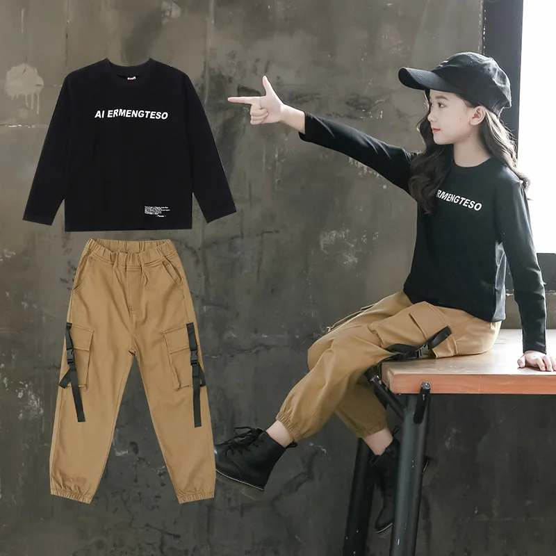 Г. Осенняя новая детская одежда, костюм для девочек, футболка с надписью+ брюки костюм из двух предметов корейский костюм для девочек
