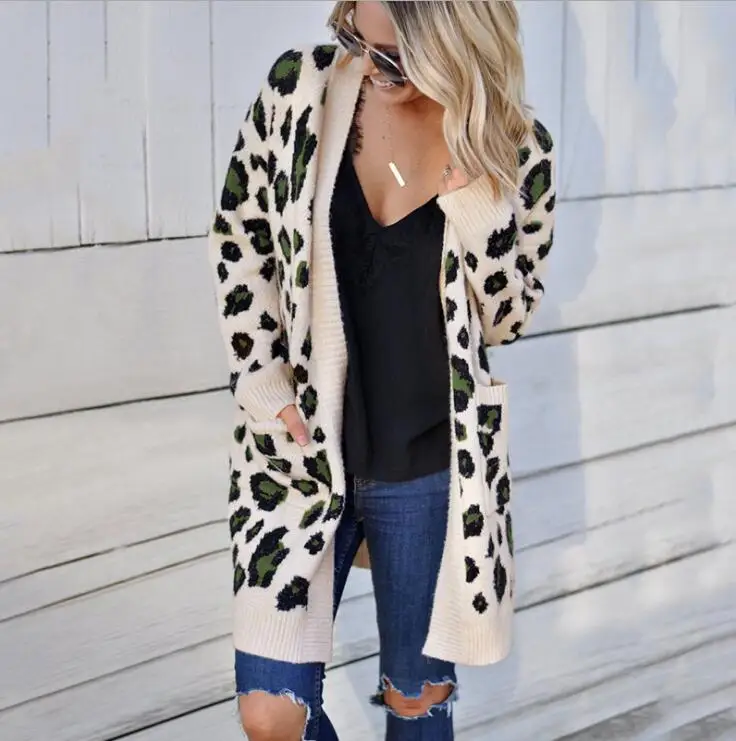 

2019 Women Knitted Sweater Cardigans Leopard Long Sleeve Knit Coat Winter Casual Female Sexy Loose Outwear Jacket Overcoat