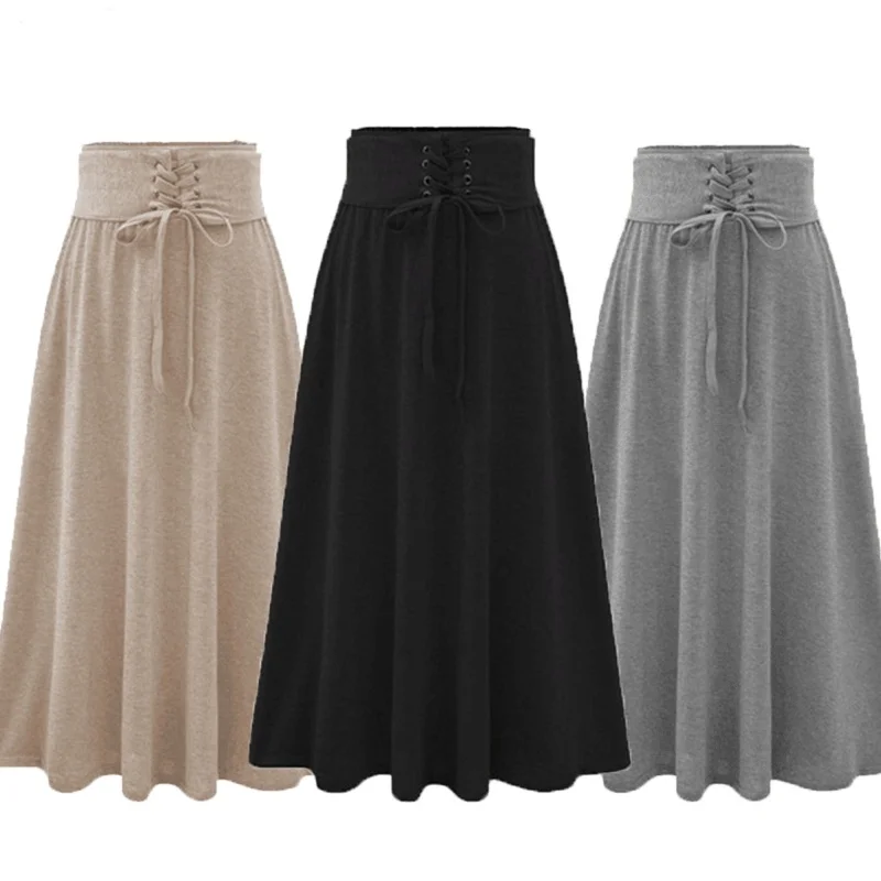 

ZOGAA High Waist Bandage Pleated Long Skirts Women's Elastic Waist Plus Size A-line Skirts Hip Slim Long Loose Cotton Skirts