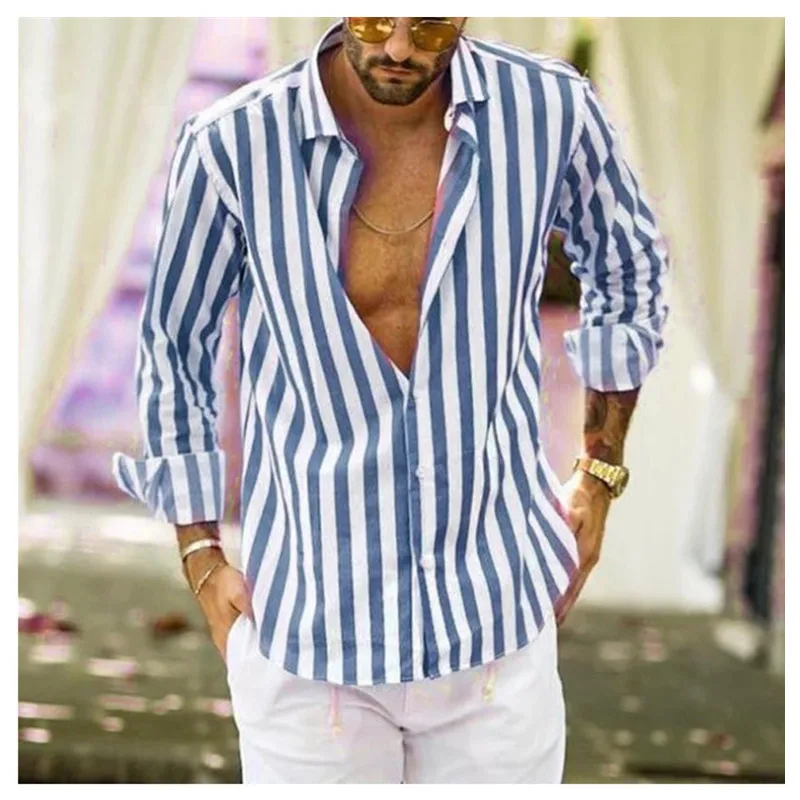 Camisa de invierno para hombre moda Vertical rayada ajustada манга larga Повседневный botón abajo camisa vestir