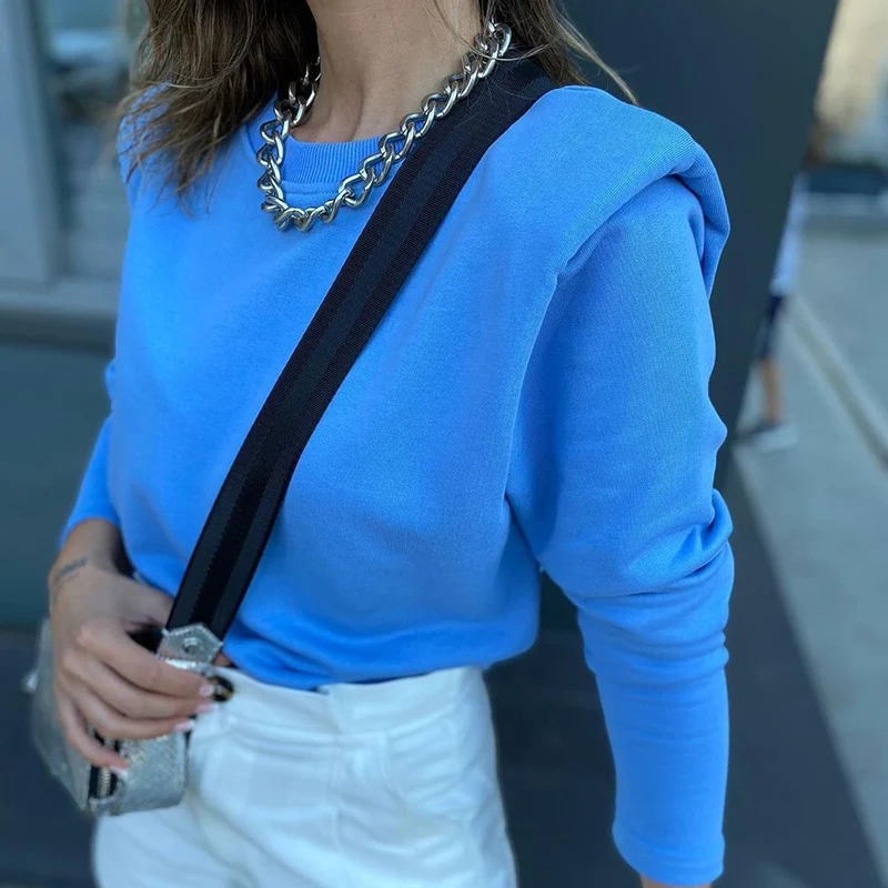 

Long Sleeve Ruffled Solid Sweatshirts Women Spring Autumn Casual O Neck Fitted Fleece Pullovers Blue Purple Loose Sweatshirts