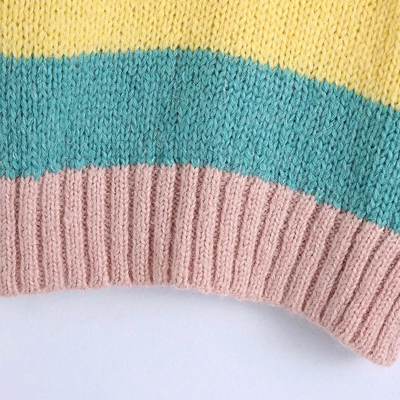 

Women's Knitted Sweaters Striped Vest Pink Jumpers Mujer Thick Knitwears Femme V neck Chic Elegant Warm Sweaters Spring Clothing