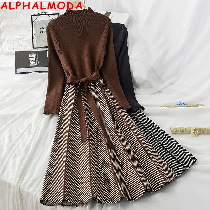 

Elegant Collar Knitted Sashes ALPHALMODA Thickened Arrow Knit 2019 High New Dress Women A-line Women's Dress Striped A-line Knit