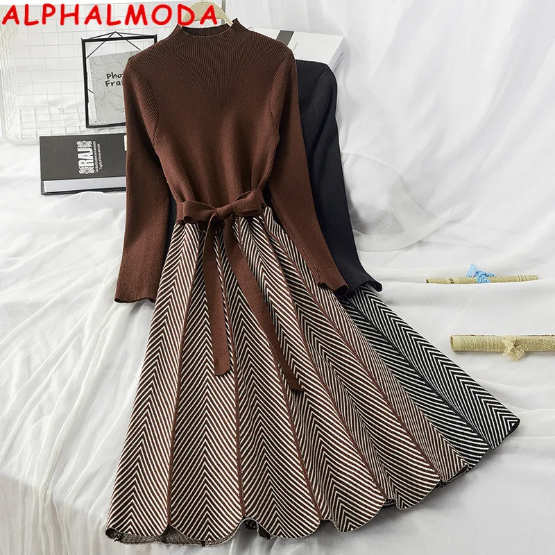 

Женское трикотажное платье ALPHALMODA, элегантное с воротником и поясом, плотное вязаное платье с стрелками, ТРАПЕЦИЕВИДНОЕ Полосатое Платье тр...