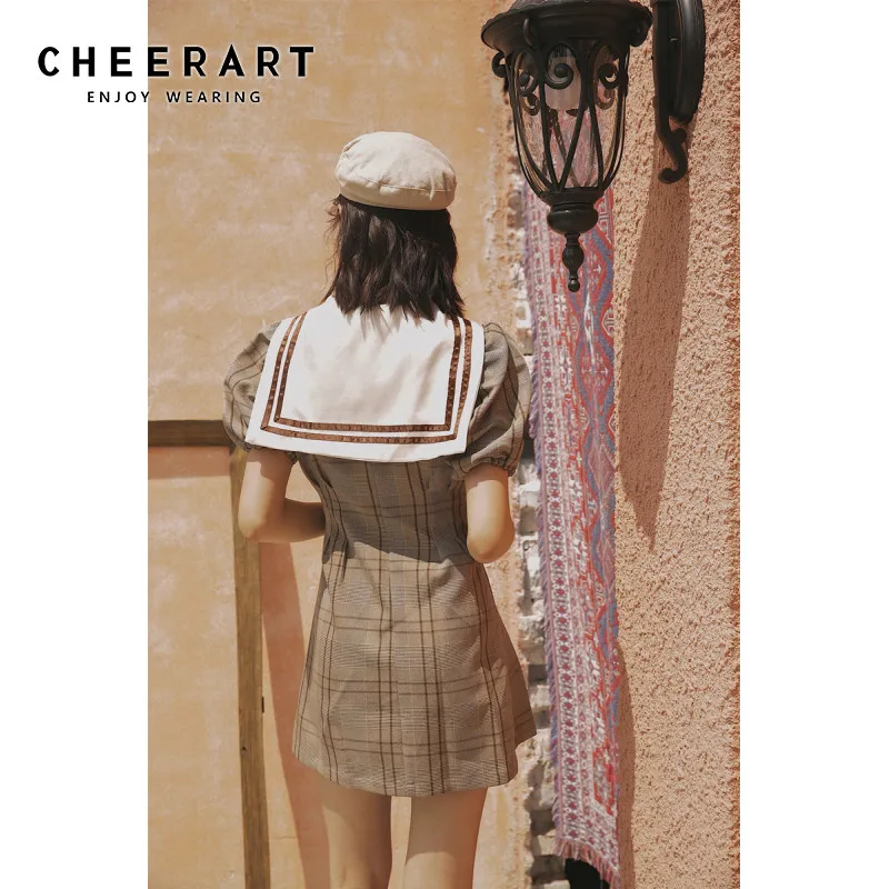 Cheerart Сейлор Мун Сейлор воротник летнее Мини платье женское клетчатое короткое платье туника с рукавами-фонариками платья Косплей