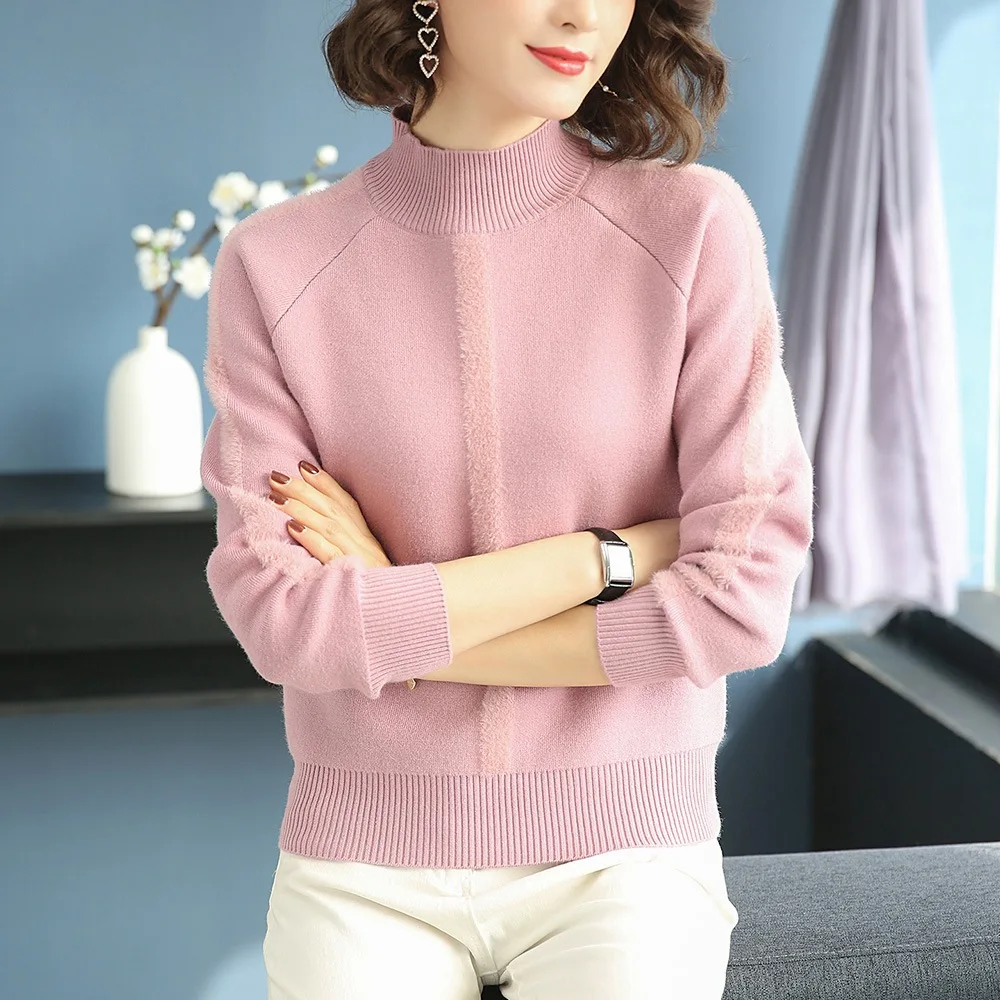 Бархатный пуловер свитер с высоким воротом женский новинка 2019 сплошной цвет