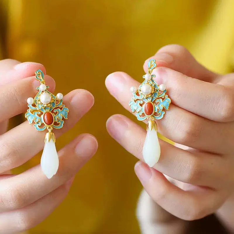 

S925 Sterling Silver Hetian Jade South Red Stud Earrings Ancient Chinese Style Simple and Compact Versatile Personality Design