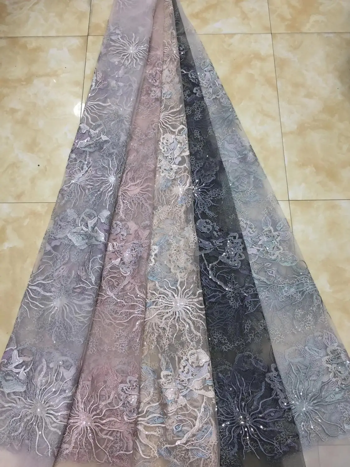 

African Lace Fabric High Quality Bridal Lace with Sequins Embroidery Tulle Mesh Lace Fabrics Nigerian Net Lace