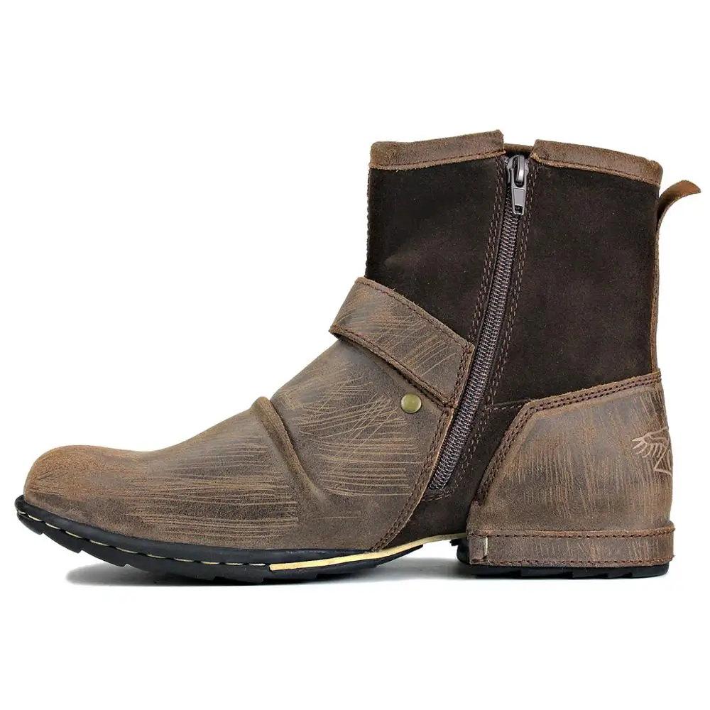 

Genuine Leather Men's Ankle Boots Retro Style Boots Cowboy Chukka Boots Zipper-up Motorcycle Boots Men Fashion Western Boots