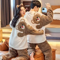 oversized hoodie flannel embroidery bear couple home clothes women winter long sleeve korean loose cartoon kawaii sweatshirts