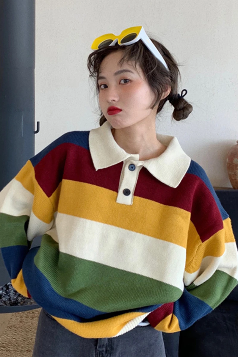 

Spring Autumn Harajuku Striped Sweaters Women Chic Loose Turn-down Collar Drop Shoulder Simple Jumper Student Casual Knitted Top