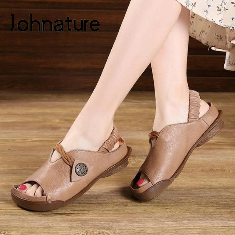 

Johnature Women Sandals Genuine Leather Retro Women Shoes 2022 New Flat With Elastic Band Sewing Casual Handmade Ladies Sandals