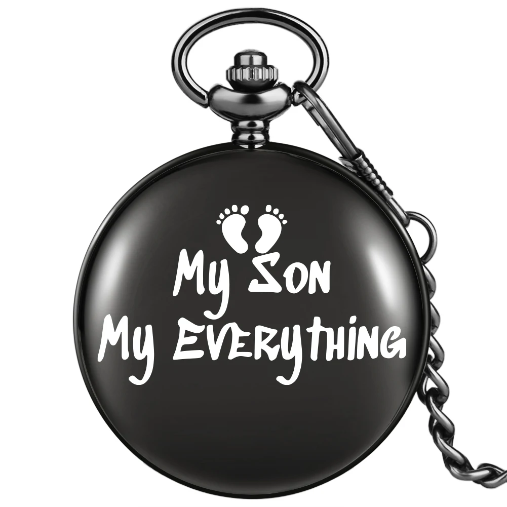 

My Son My Everything Personality Quartz Pocket Watch Fashionable Birthday Gift Smooth White Dial Footprint Printing Thick Chain