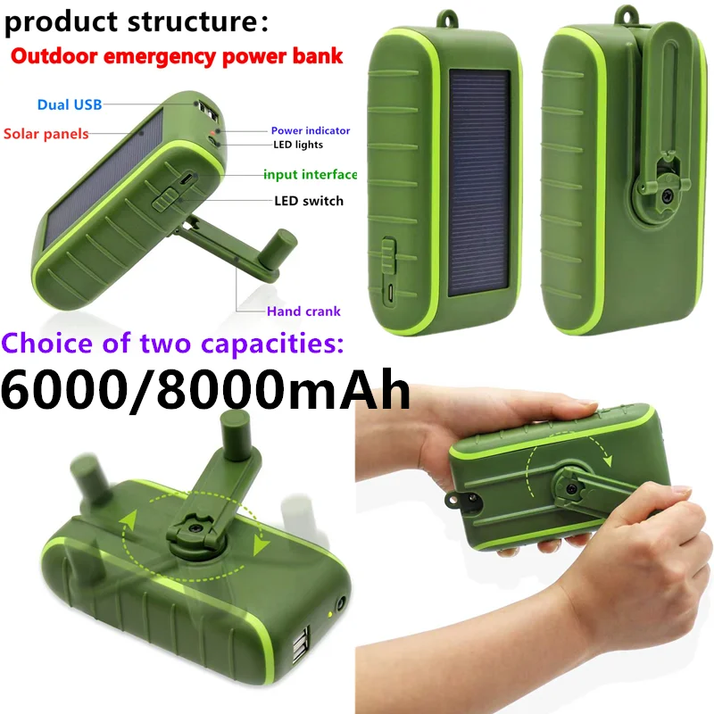 

Внешний аварийный мобильный внешний аккумулятор на солнечной батарее с ручным запуском 6000-8000 Ач, аварийный внешний аккумулятор с USB ручным ...