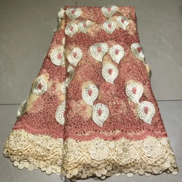 Розовый Африканский настоящий тюль кружево с камнями ткань Цветочная вышивка