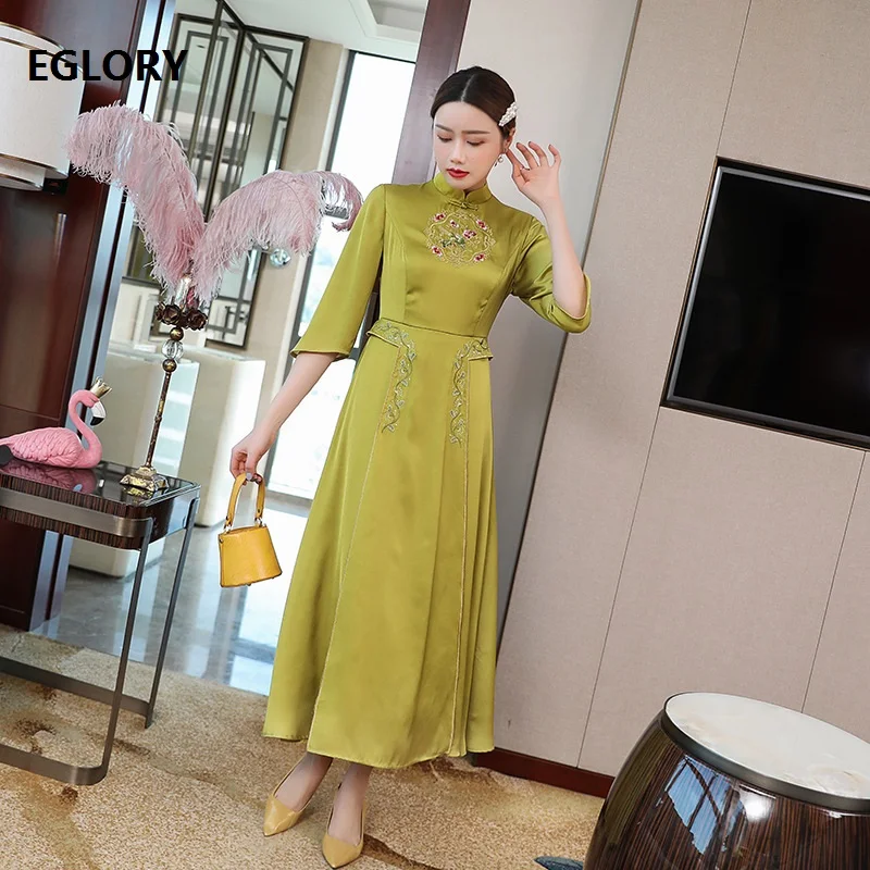 Top Quality Brand Chinese Style Dress 2021 Spring Summer Vestidos Women Lurex Embroidery 3/4 Sleeve Mid-Calf White Green Dress