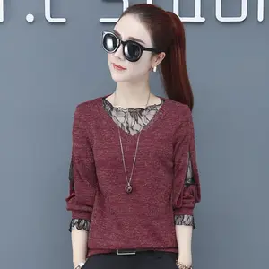 Женские кружевные рубашки с длинными рукавами, весна 2020, Корейская версия, свободная Повседневная Базовая Блузка с v-образным вырезом, Женская Лоскутная одежда