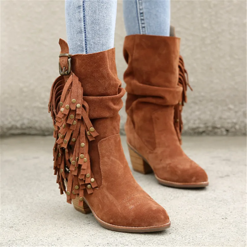 

Handmade Fringed Women Mid-calf Boots 7CM Chunky High Heel Short Booties Rivets Suede Shoes Woman Retro Tassels Botas Mujer