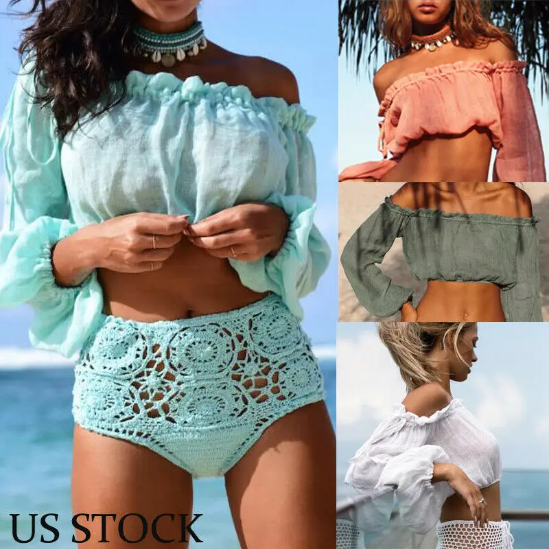 

Women Bikini Cover Up Swimwear Beach Off-shoulder Blouse Shirt Top Summer Beach Holiday Casual Short Blouse Tops Blusa New
