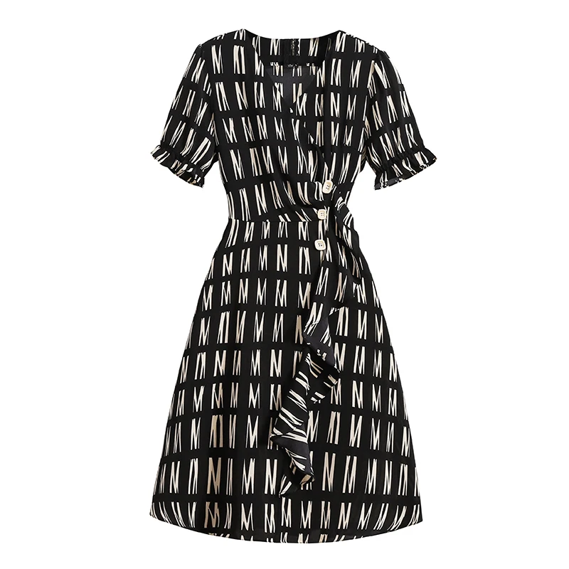 

L-5XL 2021 Summer Plus Size Dress For Women Short Sleeves V-Neck Letter Printed Patchwork Elegant Fashion Large Dresses