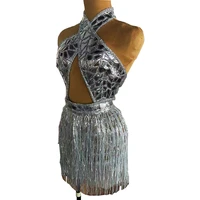 sparkly silver rhinestone fringe sequined bodysuit backless women dancer show celebrate outfit prom bar evening party jumpsuits