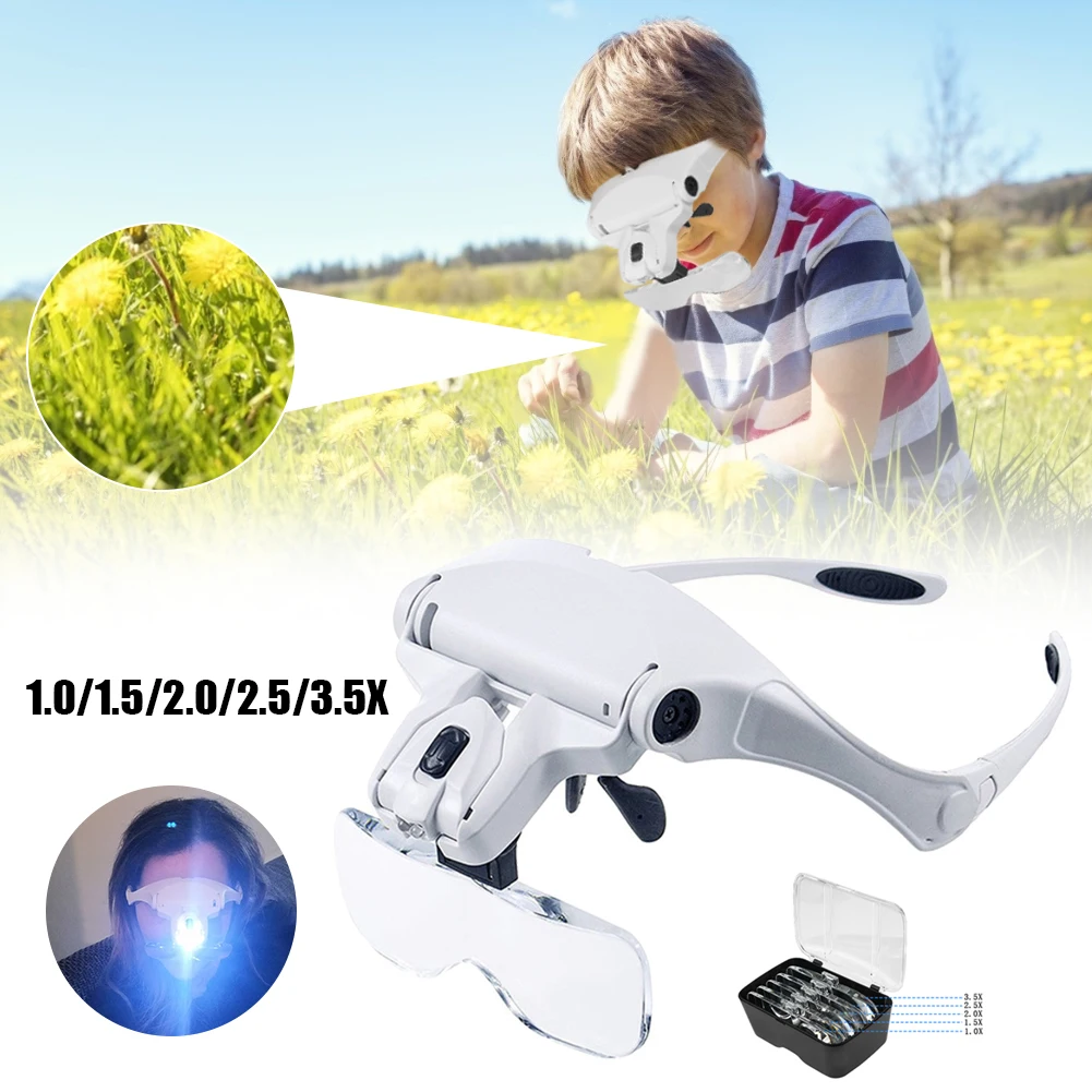 

1.0X 1.5X 2.0X 2.5X 3.5X LED Magnifying Adjustable Head Magnifier Bracket Loupe with 2 Lights Tool Headband Magnifier Glasses
