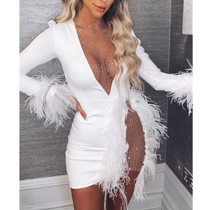 

Feather Decoration Mesh Splicing Dress Spring Autumn Women Long Sleeve Deep V-neck Bodycon Tight Slim Fit Dresses Party Night