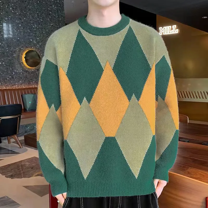 

Men's Retro round neck sweater new Harajuku fashion casual loose winter men's sweater round neck cashmere sweater