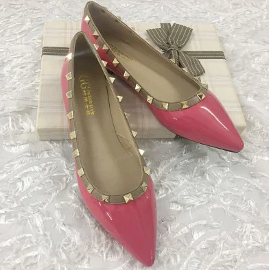 rose red patent Г., женская обувь для взрослых, новинка, большие размеры 40, 46, 34, черные, белые блестящие женские туфли на плоской подошве с острым носком и заклепками без шнуровки - Цвет: rose red patent
