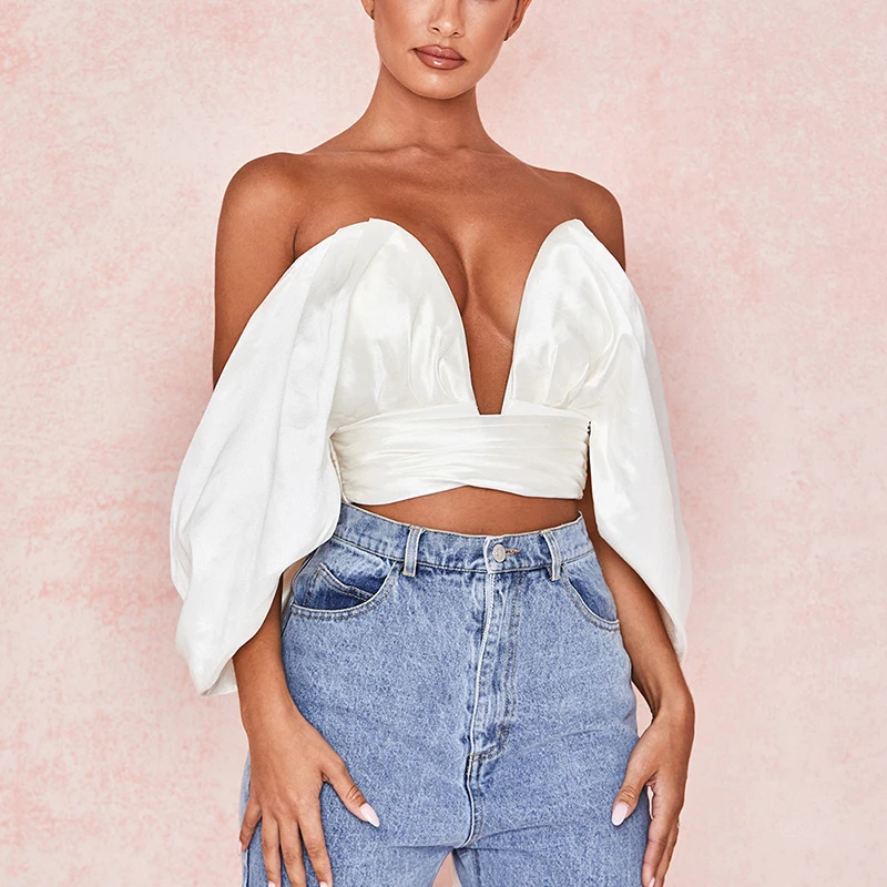 Женская блузка с глубоким V образным вырезом и открытыми плечами глянцевый белый