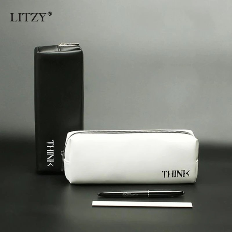 Черный чехол для карандашей школьный кожаный мальчиков и девочек вместительная