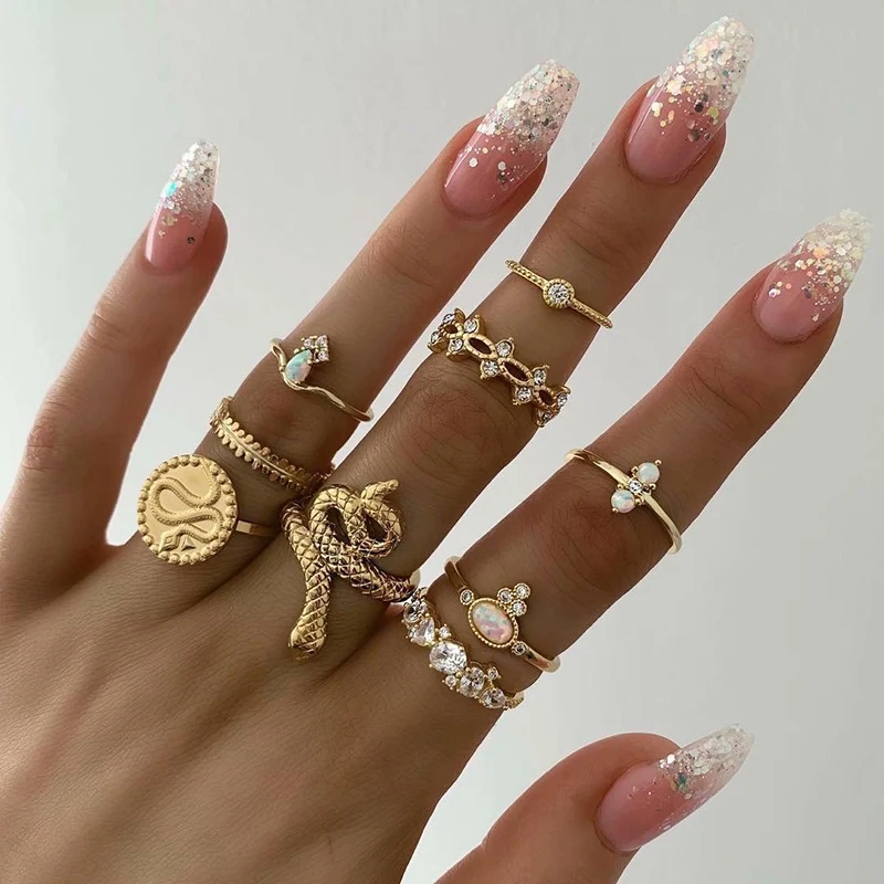 

Bohemian Retro Crystal Flower Leaves Hollow Lotus Gem Silver Color Ring Set Women Wedding Anniversary Gift Jewelry Accessories