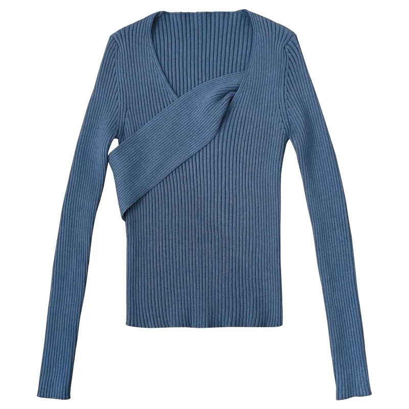 

Original Design Women Sweater Fashion Solid Stretch Soft Striped Pullover Long Sleeve Knit Spring Autumn Slim Cross Tops