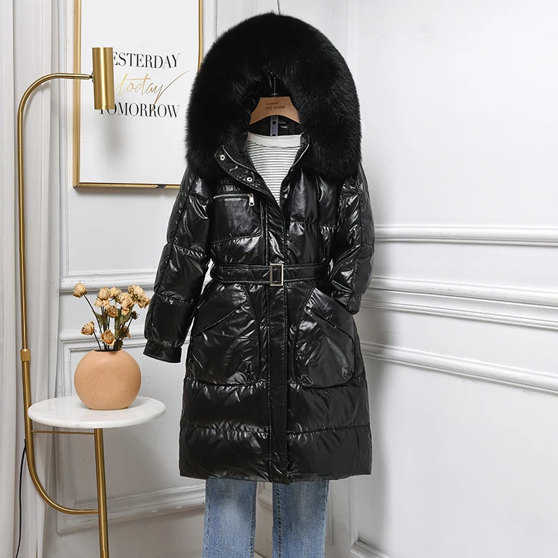 Fitaylor Winter Large Real Fur Collar Hooded Feather Long Jacket Women with Belt Slim Down Coat Bright Surface Fit Thick Outwear | Женская