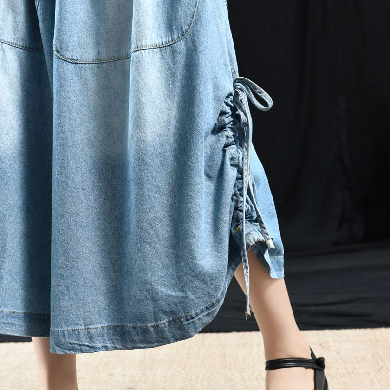 Ретро Художественная Мода боковые джинсы в гармошку эластичная талия широкие брюки юбка укороченные