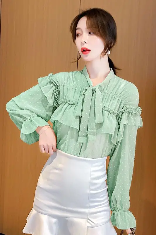 

COIGARSAM 2019 New Autumn Shirt Womens tops Ruffles Bow Full Sleevelt Chiffon Women shirts Pink Green 6018