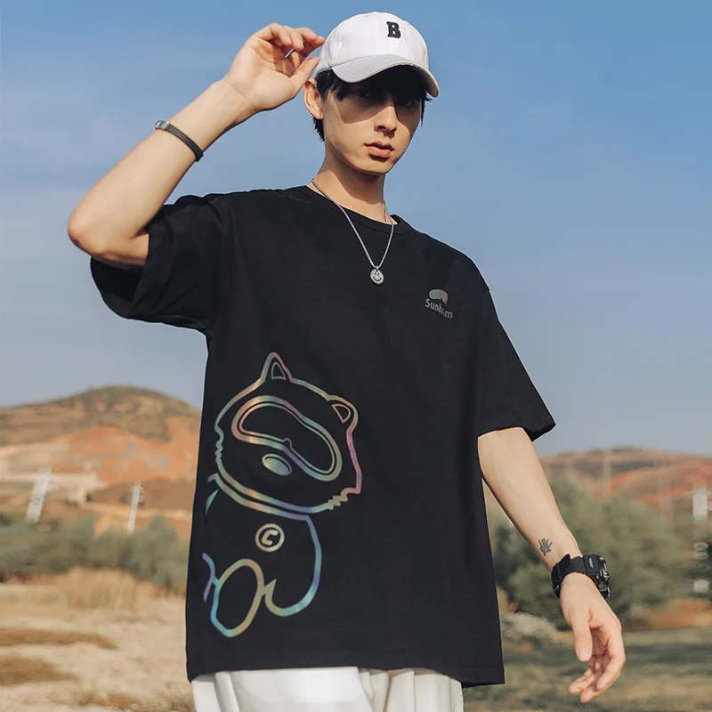 

Fashion Summer Tops 2021 Space Bear Print T-shirt Men's Reflective Colorful Brand Short-sleeved T-shirt Couples Streetwears