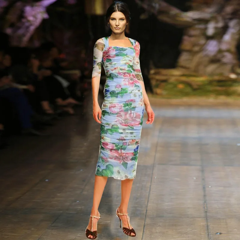 

European spring 2021 new dress party led 7 minutes of sleeve printed gauze rose ruffle dress