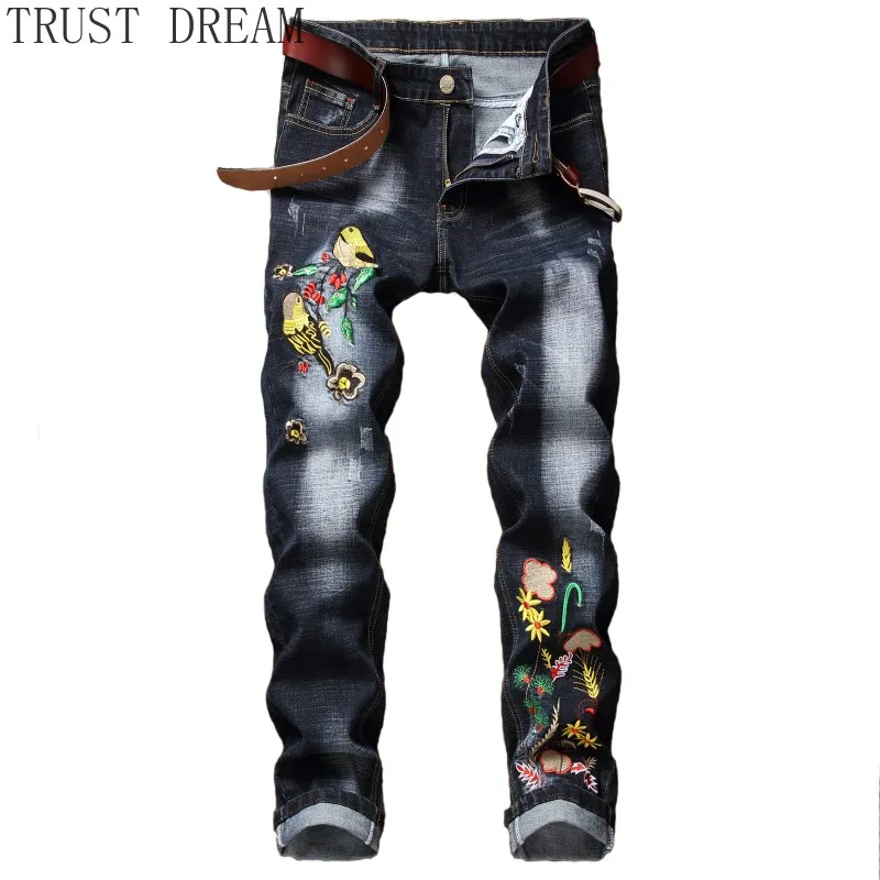 Джинсы мужские Стрейчевые в сельском стиле облегающие брюки с вышивкой цветами