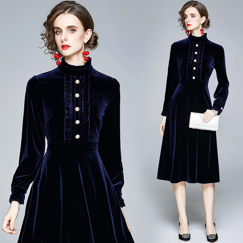 

Fashion Women Autumn Winter Midi Vintage Velvet Dress Long Sleeve Ruffled Collar Solid Aline Party Casual Robe Femme Vestidos
