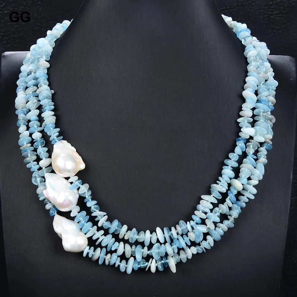 

GuaiGuai Jewelry 21“ 3 Strands 26mm Natural White Keshi Pearl Blue Aquamarine Necklace
