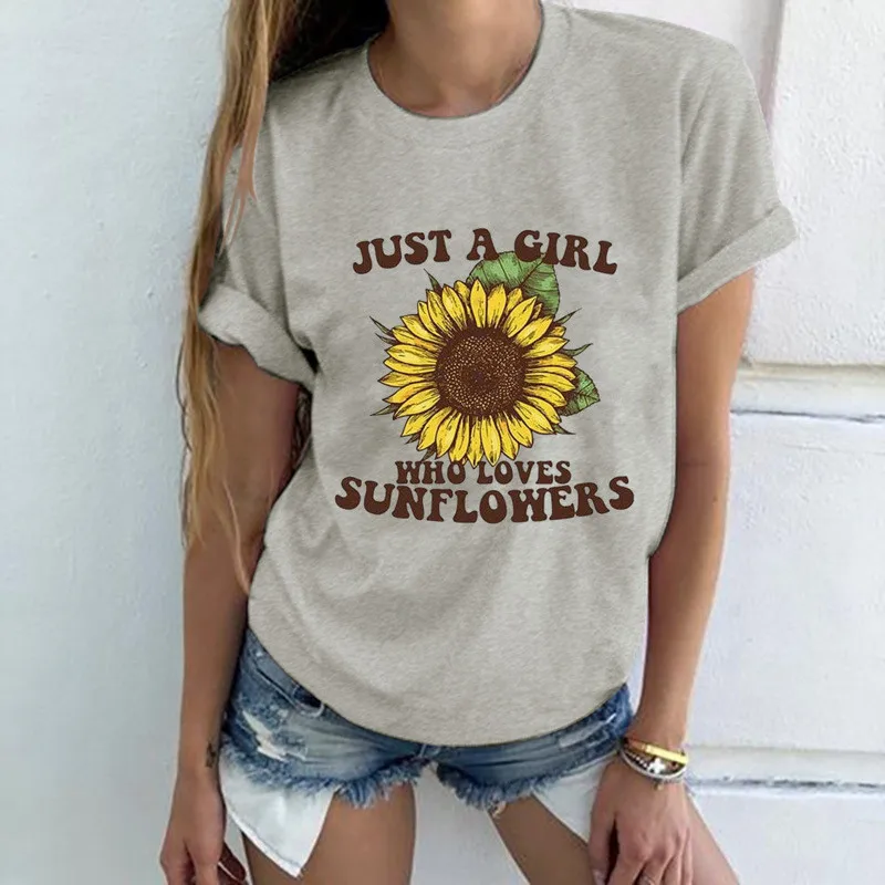 

A Girl Who Loves Sunflowers Print Vintage Female T-shirts Casual Short Sleeve Summer Shirt Women Clothes Tops