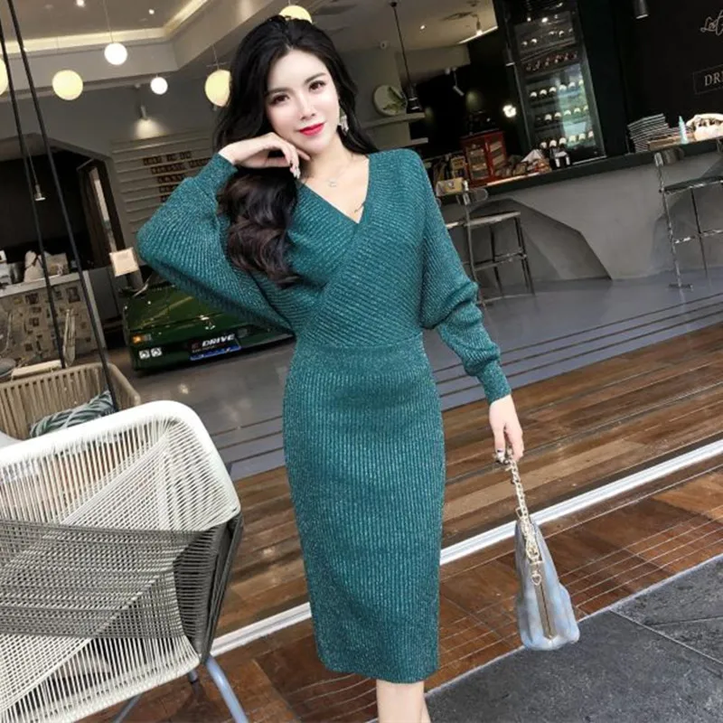 

Женское трикотажное платье-свитер, блестящее длинное платье-карандаш, Осень-зима