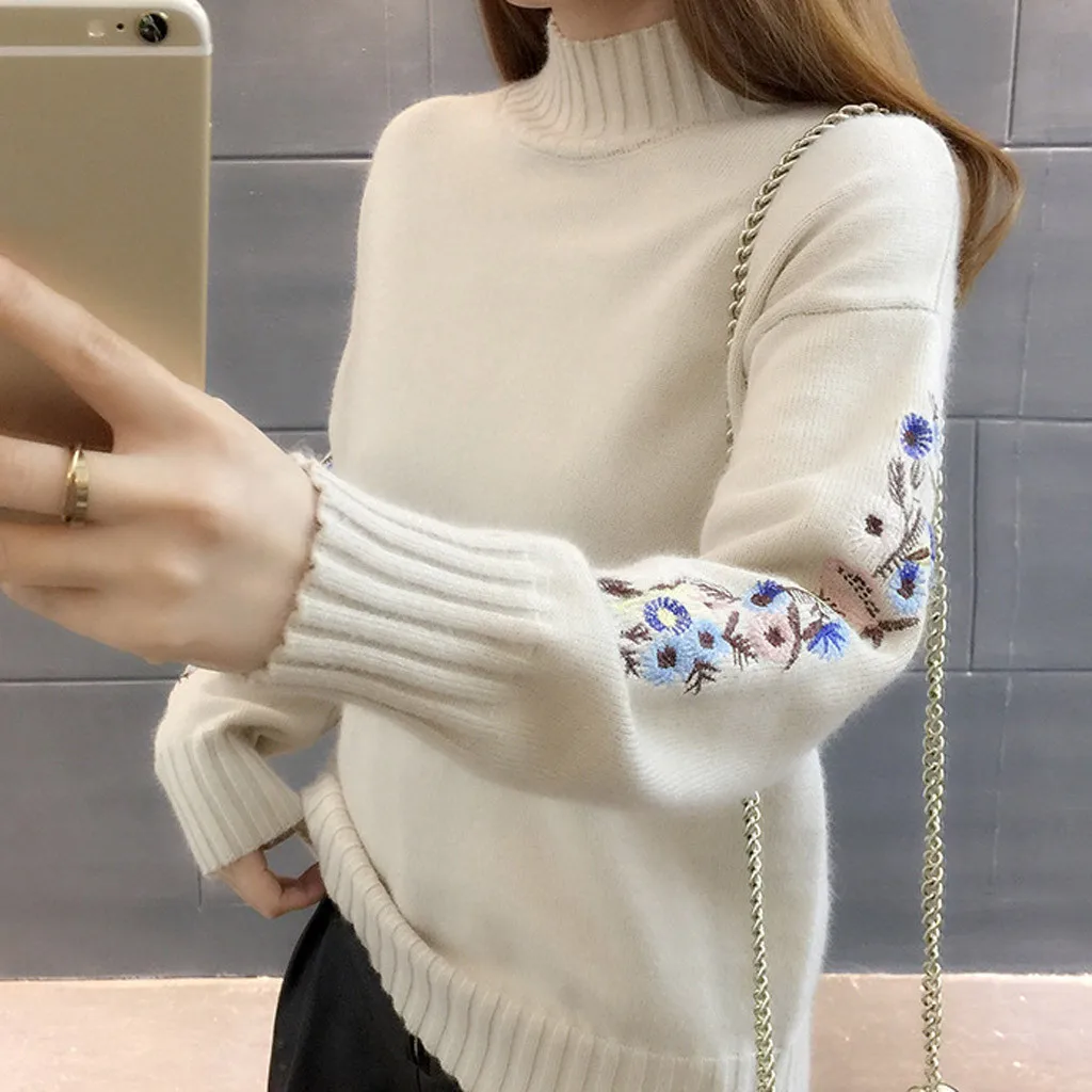 New Loose Thick Warm Winter Pullover Sweater Women Embroidery Jumper Half Turtleneck Long Sleeve Knit Yellow Sweater Female