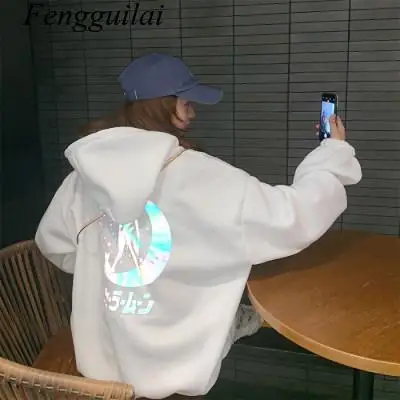 

Oversized Hoodie Women Sailor Moon Velvet Reflective Cartoon Women Loose Casual Long Sleeve Pullover Tops Streetwear Sweatshirt