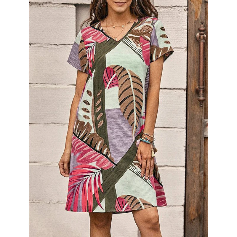 

Ladies' New Summer Short-sleeved Knee-length Skirt V-neck Leaf Print Casual Loose Pullover Dress Daily Beach Holiday Style