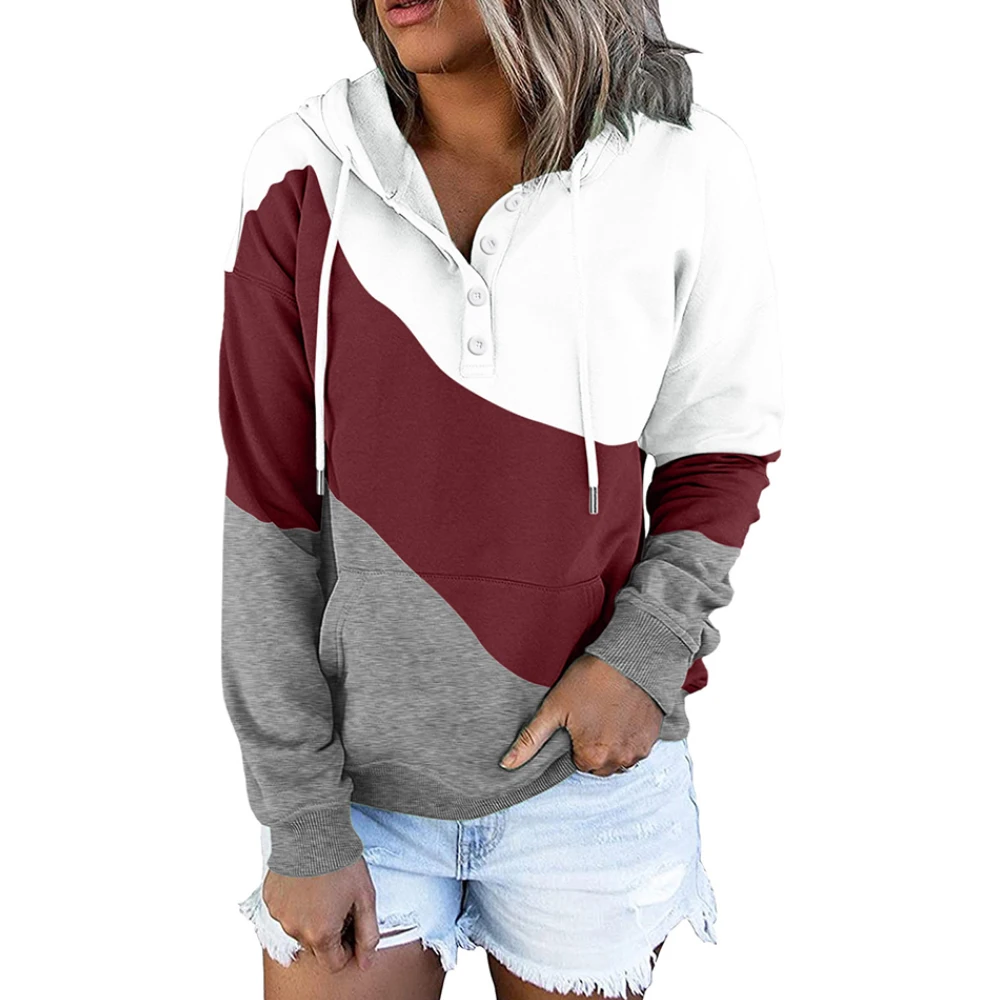 

Packet Hoodies Sweatshirts Button Patchwork Long Sleeve 2021 Woman Autumn Spring Loose Casual Hooded Pullovers