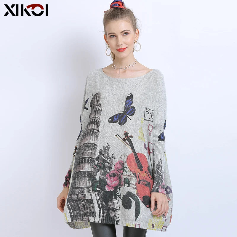 XIKOI Winter Oversized Sweater For Women Warm Long Pullover Dresses Fashion Butterfly Print Jumper Knitted Sweaters Pull Femme | Женская