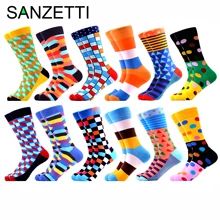 SANZETTI/12 пар/партия, мужские цветные забавные носки из чесаного хлопка, высококачественные носки в уличном стиле, подарок, носки Happpy