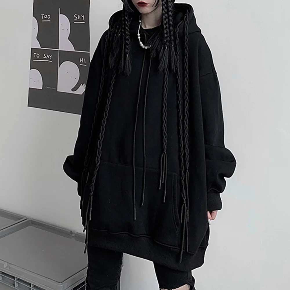 

2021 Women Gothic Winter Hoodie Oversize Thicken Warm Harajuku Fashion Black Hoodies Pocket Hooded Sweatshirt Pullover Tops